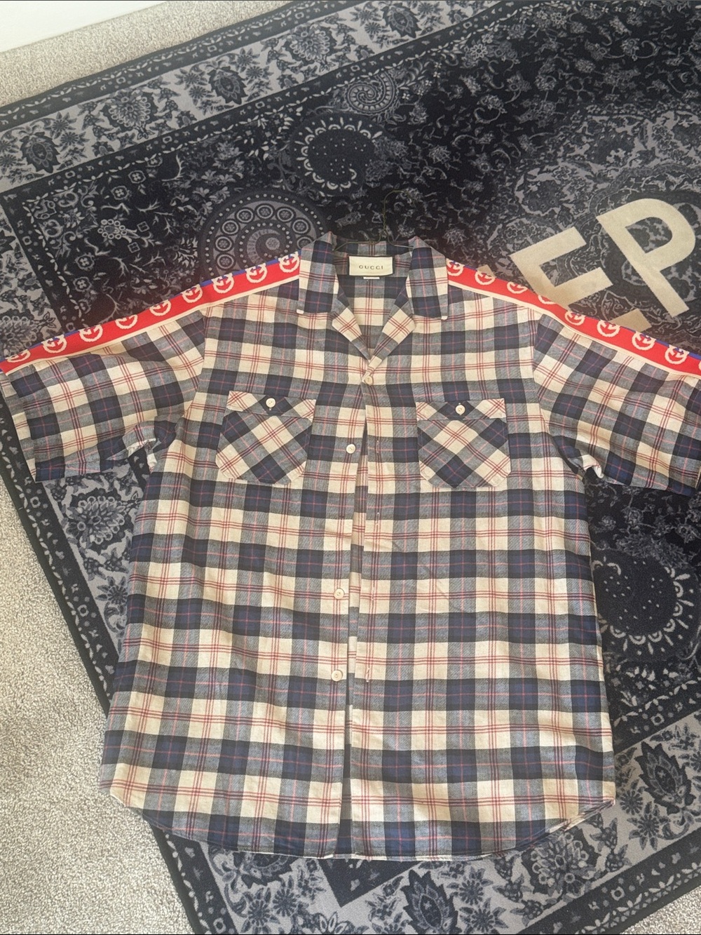 Gucci Navy, Cream & Red Plaid Short-Sleeve Button-Down Shirt